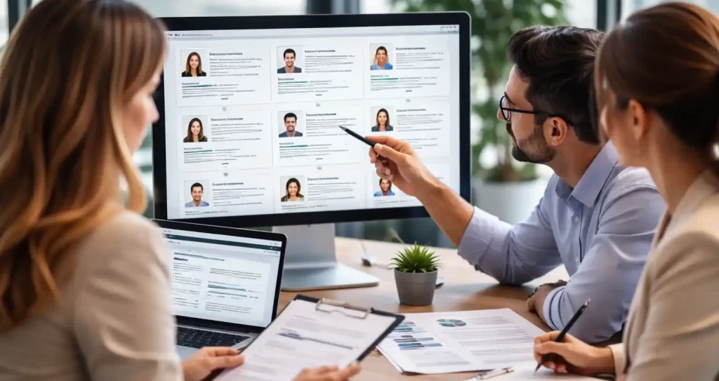 Consultores analizando perfiles de candidatos en una pantalla durante la etapa de búsqueda y mapeo de talento.