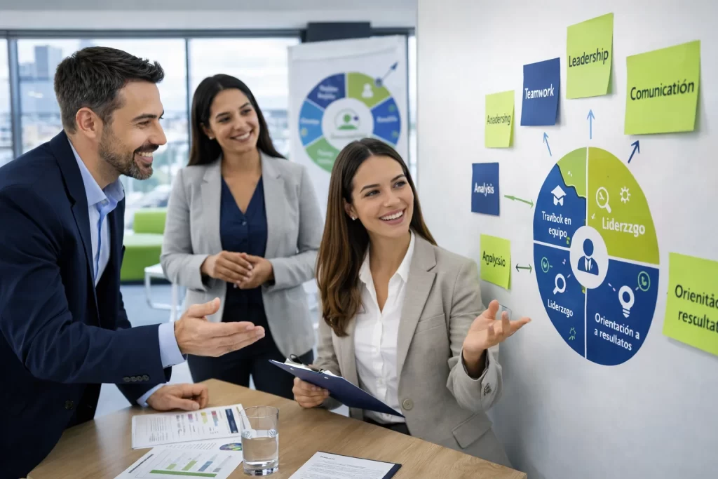 evaluación de competencias laborales analizando liderazgo, trabajo en equipo y habilidades profesionales en candidatos