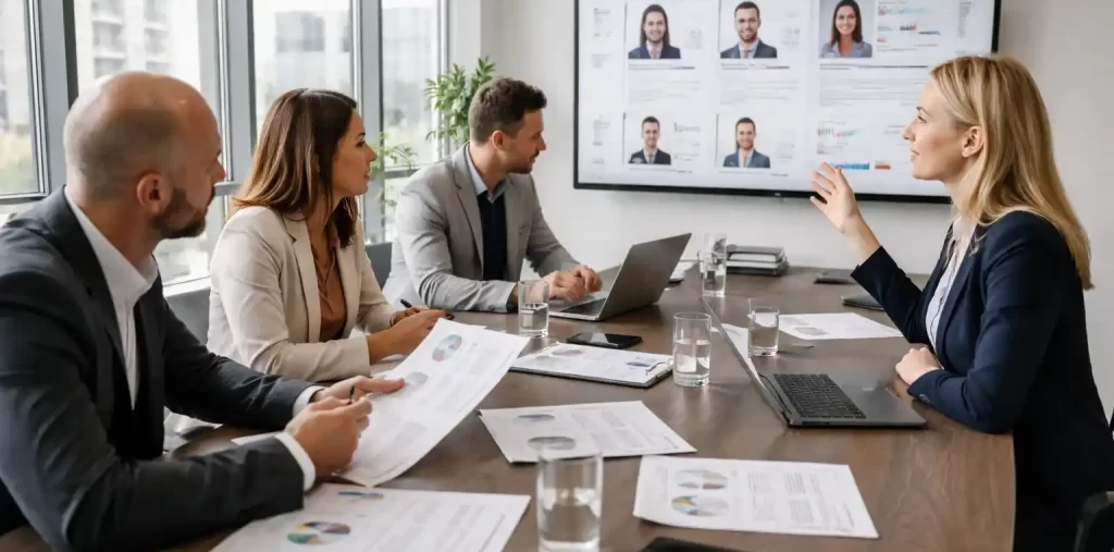 Consultores analizando perfiles profesionales y datos de talento en una consultora de reclutamiento especializada en executive search en Chile.