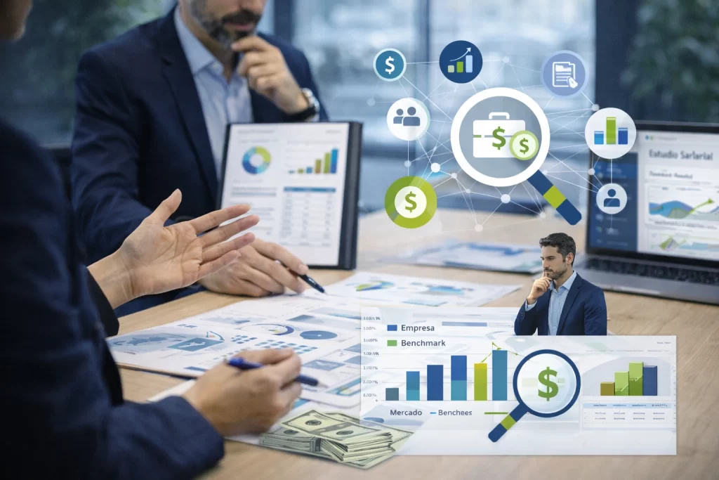 consultores realizando estudio salarial y benchmark salarial analizando remuneraciones del mercado laboral
