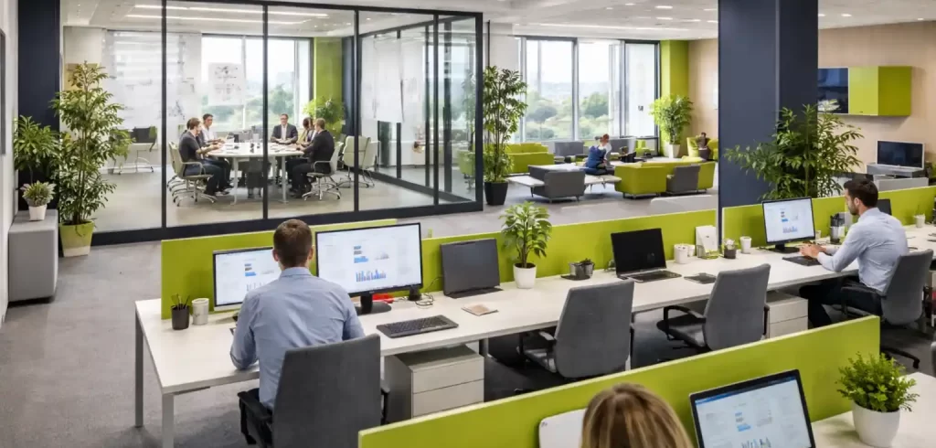Equipo de consultores trabajando en una oficina moderna de una consultora de reclutamiento y headhunting.