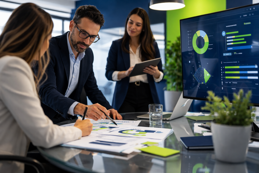 evaluación de competencias laborales analizando habilidades y desempeño de candidatos en reunión de consultoría de talento