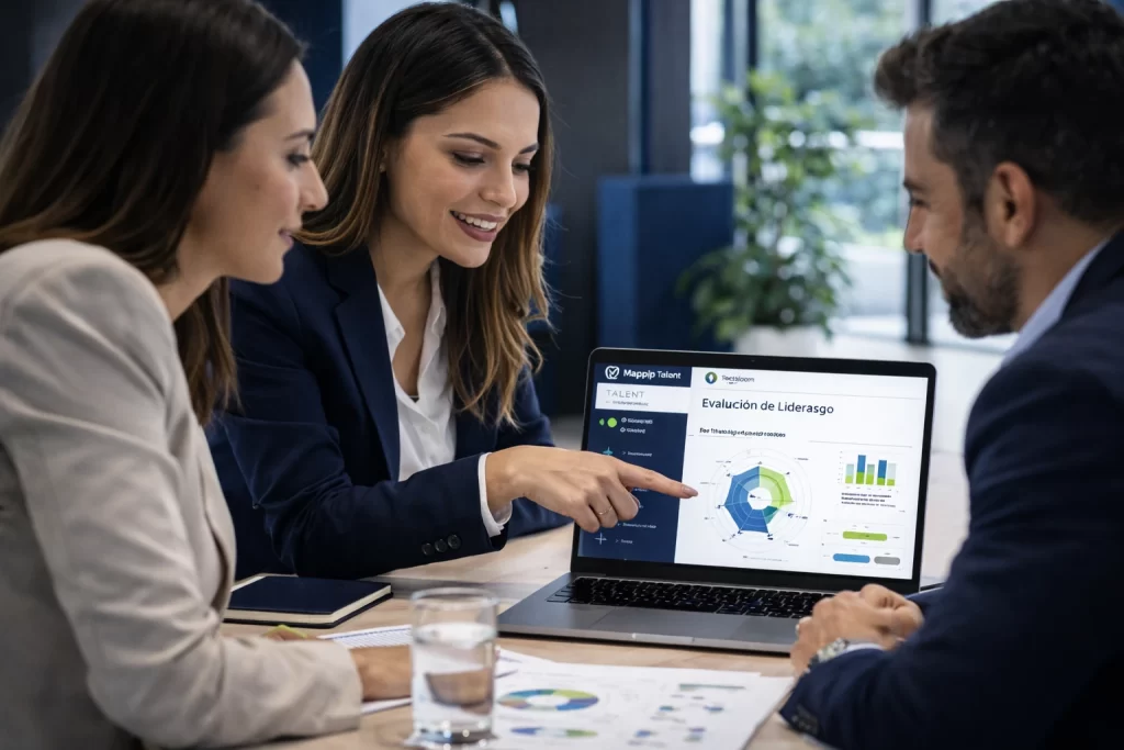 evaluación de liderazgo analizando resultados de competencias directivas en reunión de consultoría de talento