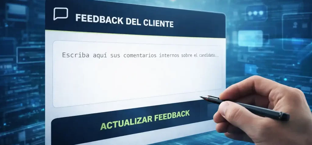 Cliente entregando feedback sobre un candidato dentro de una plataforma de seguimiento de procesos de reclutamiento.