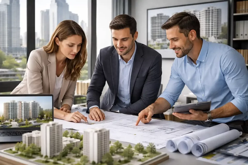 Arquitectos revisando planos y maqueta de proyecto inmobiliario en proceso de headhunter construcción e inmobiliaria