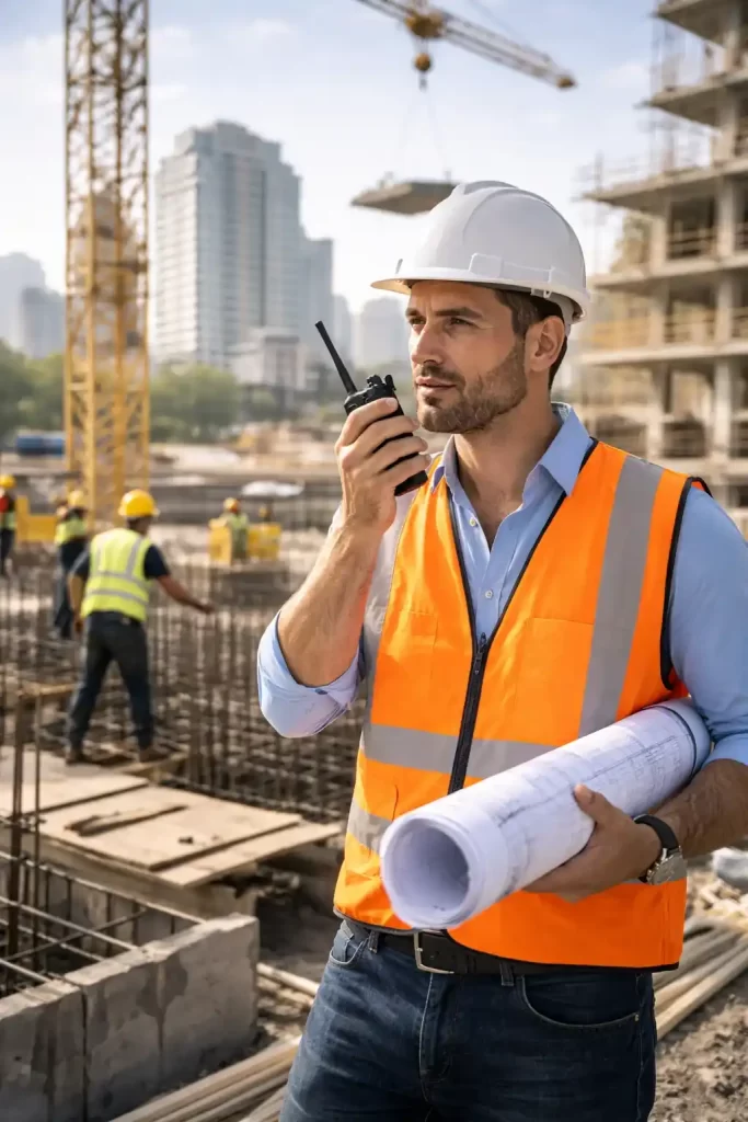 Jefe de obra supervisando proyecto de construcción en terreno durante proceso de headhunter construcción e inmobiliaria