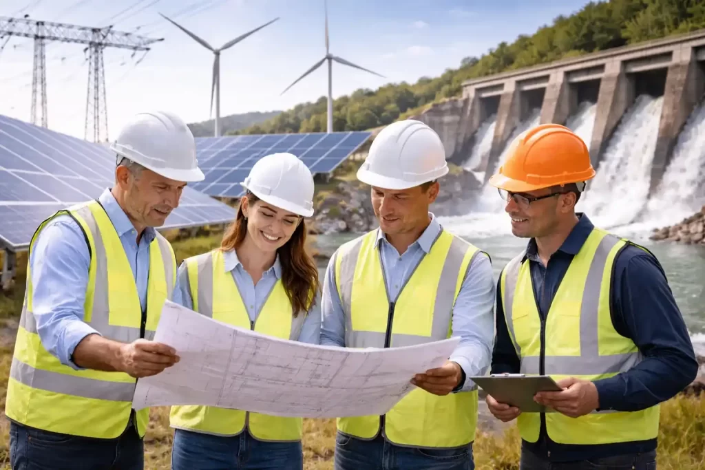 Profesionales del sector energía trabajando en proyectos de generación y energías renovables representando procesos de reclutamiento especializado de Mappit Talent
