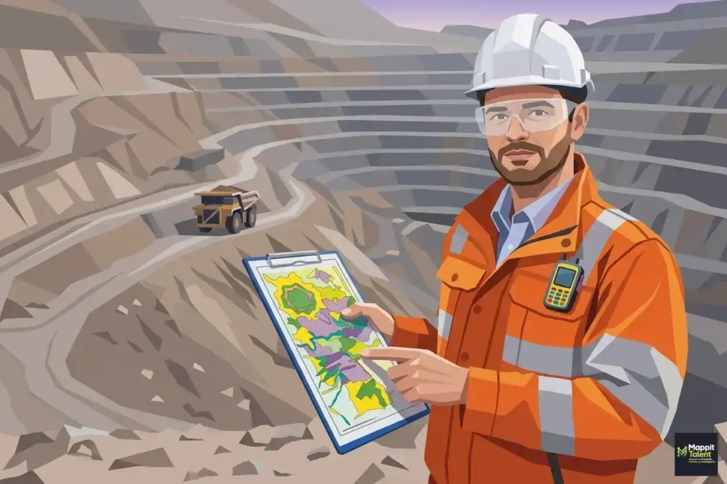 Perfil de ingeniero de minas en Chile trabajando en faena minera analizando terreno y planificación