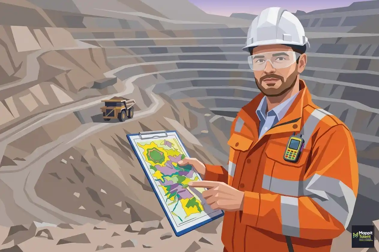 Perfil de ingeniero de minas en Chile trabajando en faena minera analizando terreno y planificación