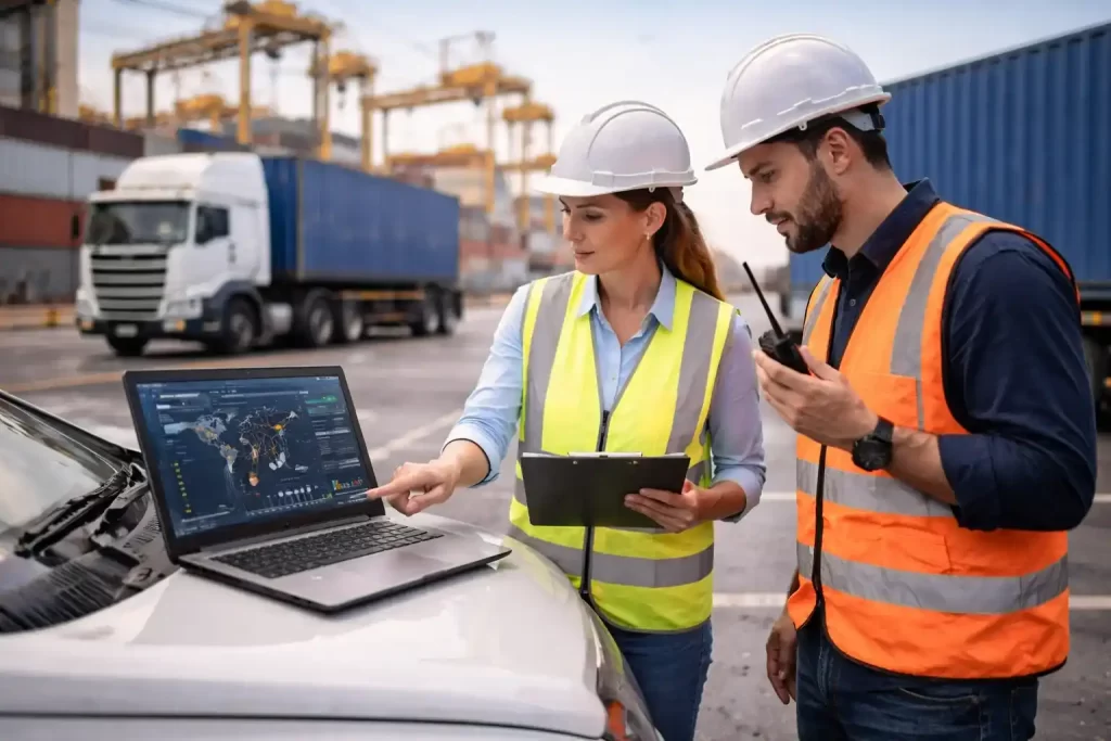 Profesionales planificando transporte y logística de carga en terminal portuario durante proceso de reclutamiento supply chain
