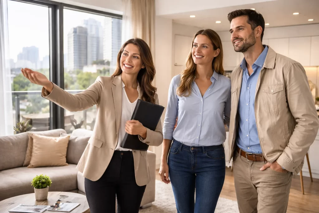 Ejecutiva comercial mostrando departamento piloto a clientes en sala de ventas inmobiliaria durante proceso de reclutamiento inmobiliario