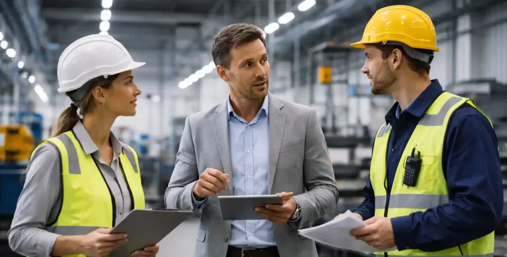Consultor analizando perfiles profesionales junto a supervisores en una planta industrial durante un proceso de reclutamiento especializado por industria.