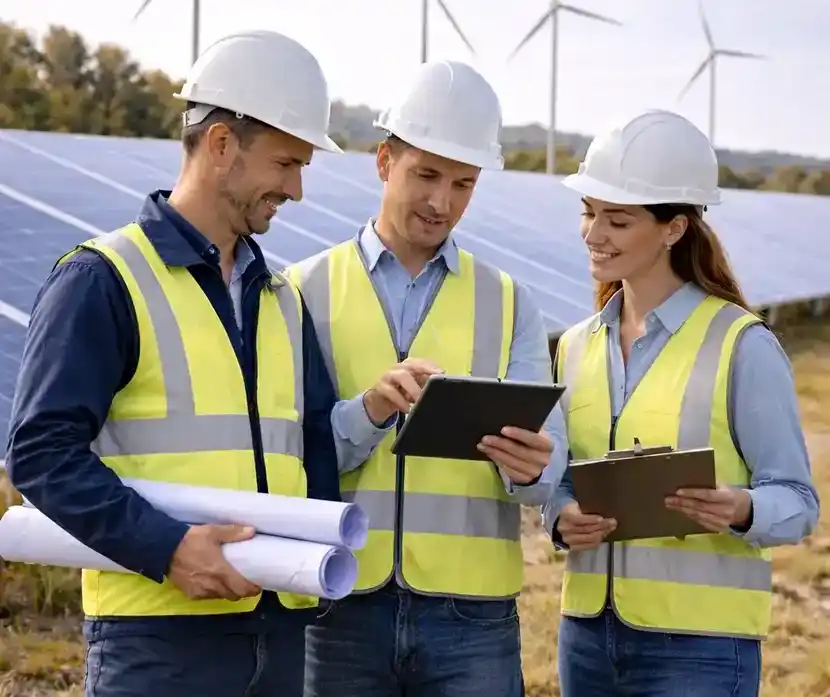 Imagen representativa de procesos de reclutamiento especializado para el sector energía realizada por Mappit Talent. Ilustra profesionales del sector energético trabajando en proyectos de generación y energías renovables, contexto donde se realizan procesos de headhunting, selección y evaluación de talento técnico y ejecutivo.