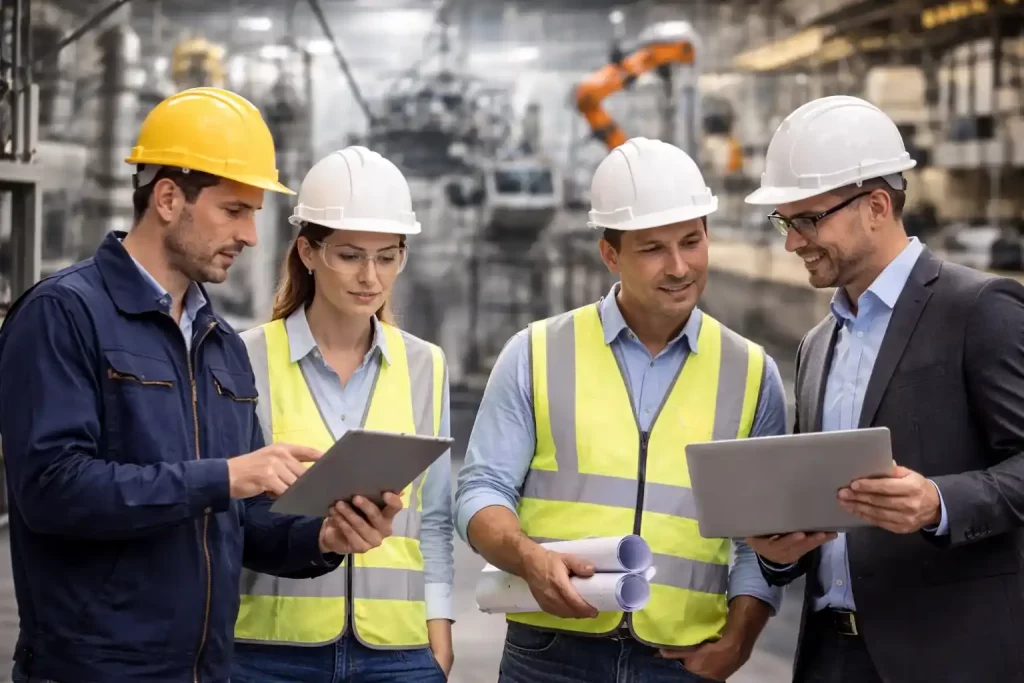 Profesionales técnicos e ingenieros trabajando en entorno industrial representando procesos de reclutamiento especializado de Mappit Talent