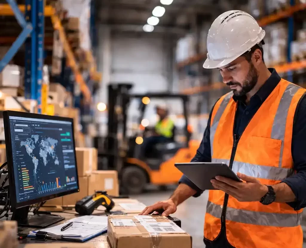 Operación logística en centro de distribución con profesional supervisando inventario durante proceso de reclutamiento supply chain y logística