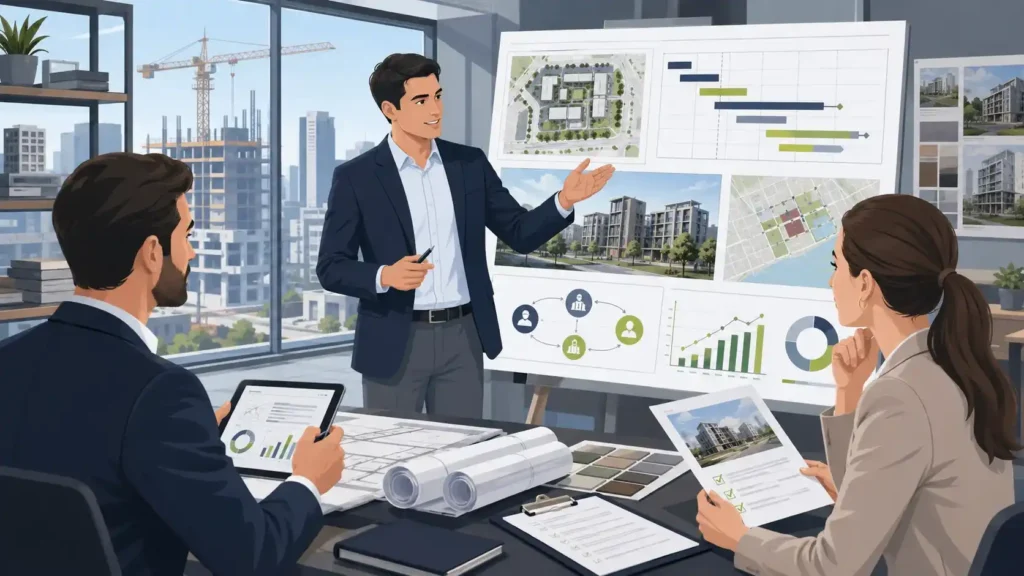 Equipo evaluando candidatos para cargos de desarrollo inmobiliario y gestión de proyectos, con planos, indicadores y proyectos inmobiliarios en revisión.