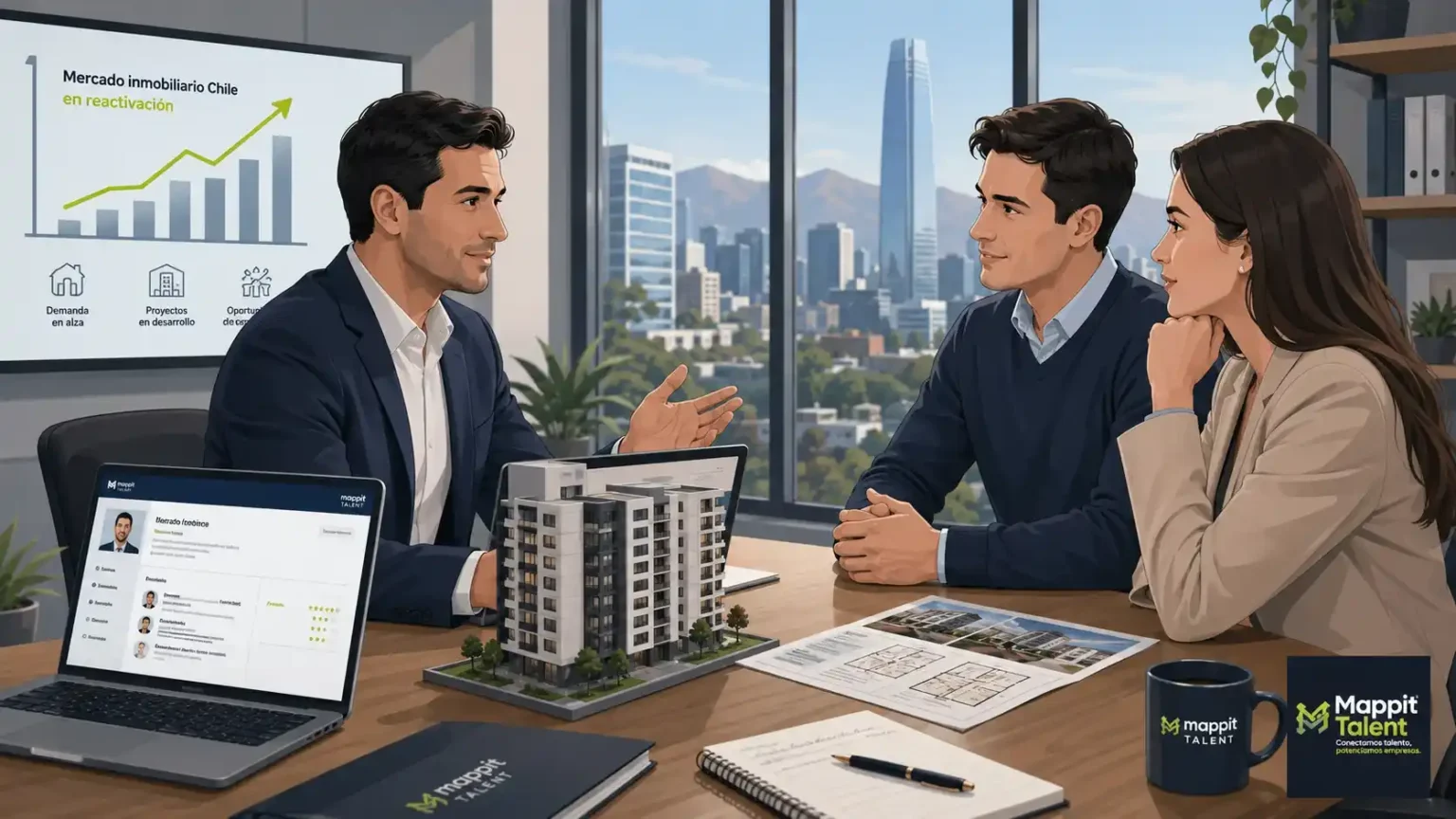 Reunión de reclutamiento para perfiles inmobiliarios en Chile con análisis de mercado en reactivación y proyectos en desarrollo.