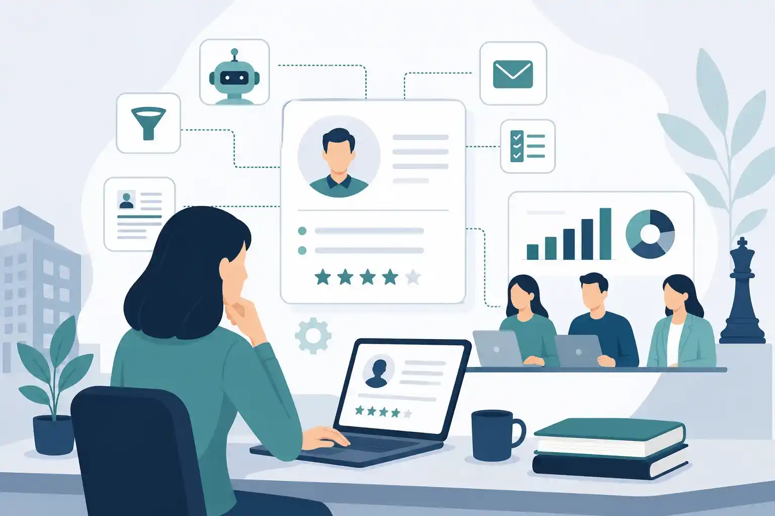 Ilustración vectorial de HR Tech aplicada al reclutamiento, con automatización de procesos, análisis de candidatos y decisiones humanas en selección de talento.