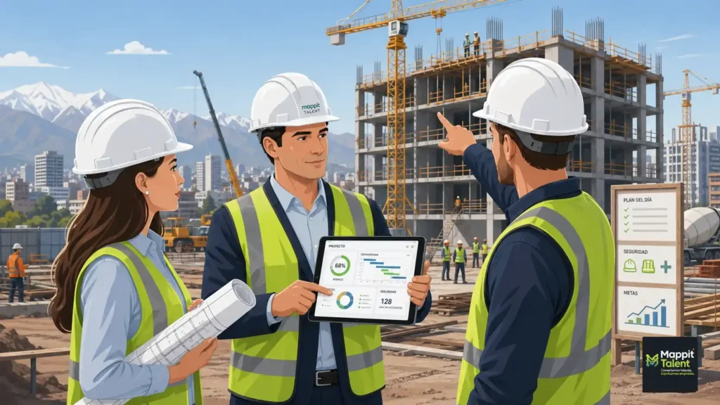 Jefe de proyecto inmobiliario en obra revisando avances de construcción junto a su equipo en terreno, con foco en habilidades clave para contratar en 2026.