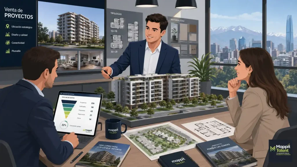 Equipo comercial analizando la venta de proyectos inmobiliarios en Chile con maqueta de edificio, planos, showroom y métricas de conversión.