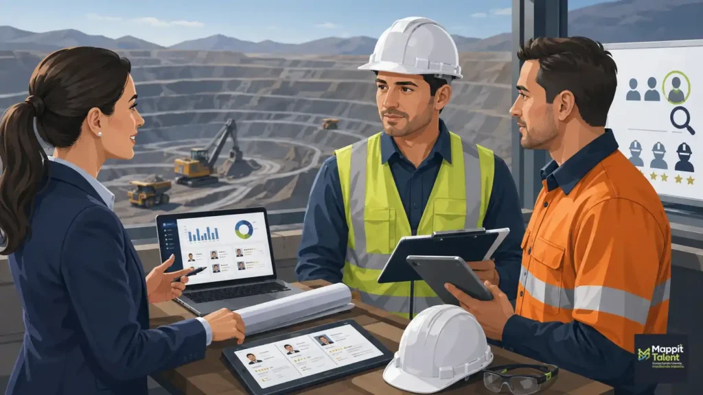 Equipo de reclutamiento especializado evaluando perfiles técnicos para minería en Chile, con faena minera, cascos, indicadores y candidatos en revisión.
